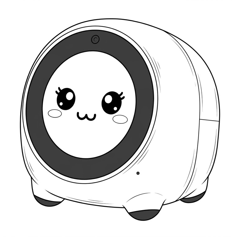 Cuerpo redondo de la versión comercial, pantalla circular con cara en blanco y negro y patitas de silicona.
