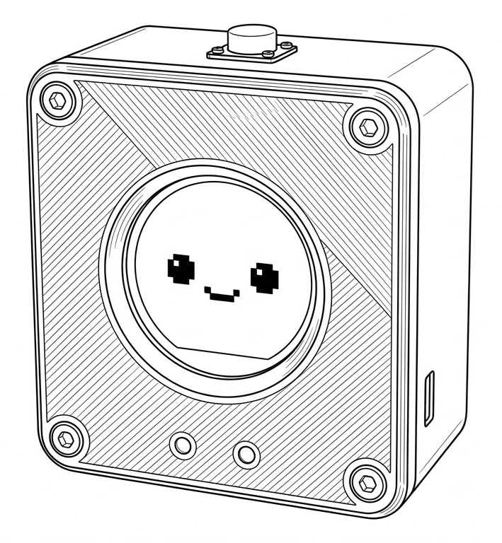 Prototipo cúbico impreso, tornillos en las esquinas, botón arriba y cara pixel en la pantalla circular.